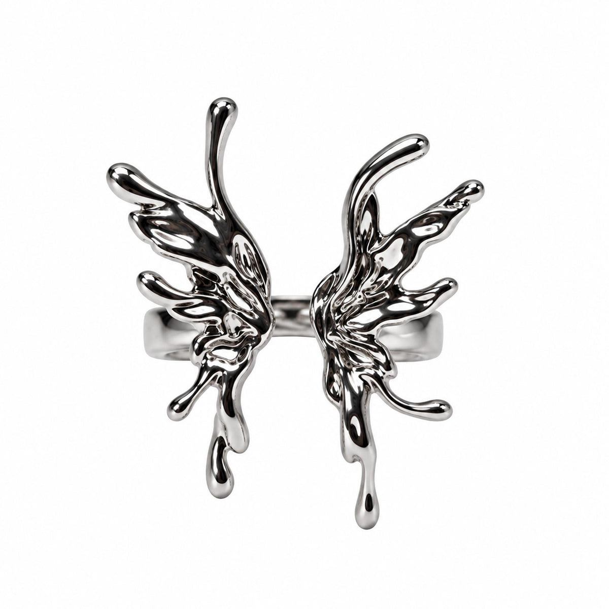 Silberfarbener Schmetterlingsring in Liquid-Metal-Optik – Ansicht 1