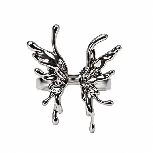 Silberfarbener Schmetterlingsring in Liquid-Metal-Optik – Ansicht 1